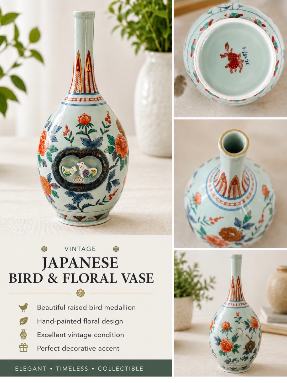 Japanese Rinkourou Bird & Floral Porcelain Vase